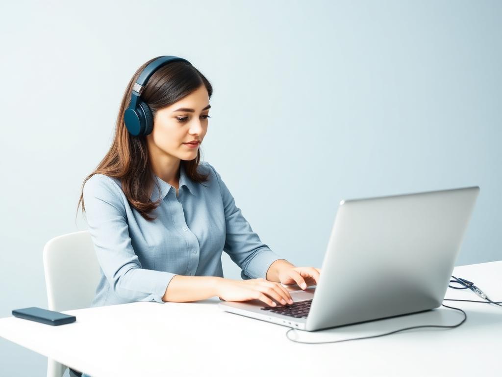 Learner taking a narrated self-paced course on a laptop